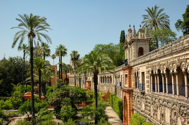 Palm trees and beds of flowers outside wall of the Alcazar in Seville