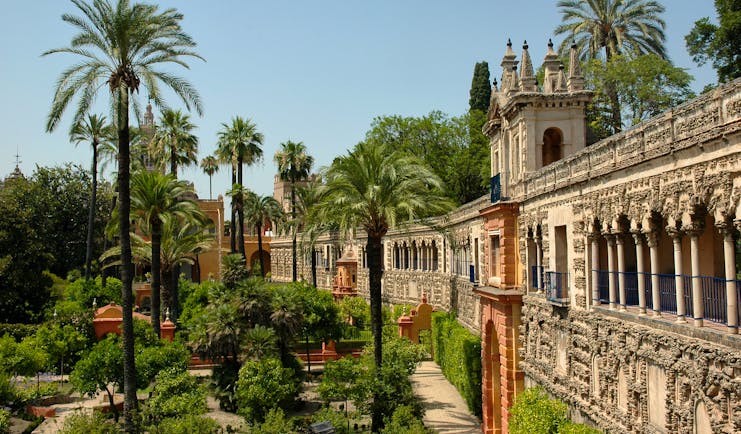 Palm trees and beds of flowers outside wall of the Alcazar in Seville