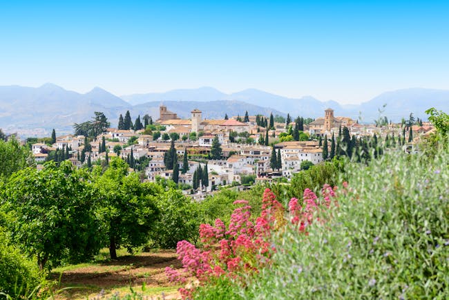 Houses clustered together seen from a distance with flowers in foregroun and mountains in background at Granada