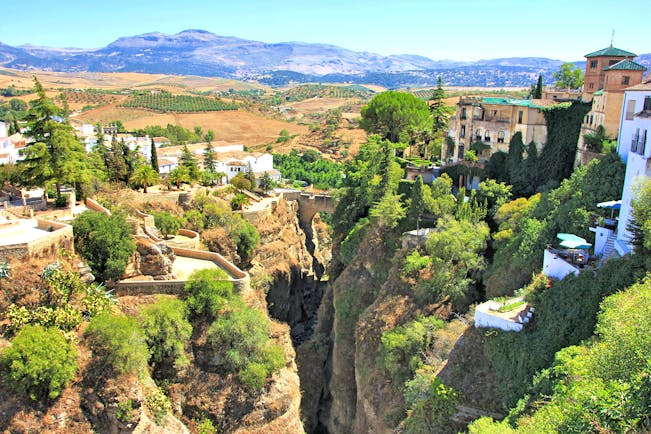 Deep stone gorge with houses on either side and greenery of trees dotted about at Ronda in Andalusia