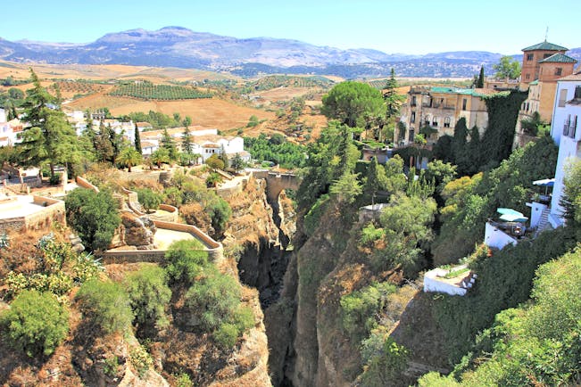 Deep stone gorge with houses on either side and greenery of trees dotted about at Ronda in Andalusia