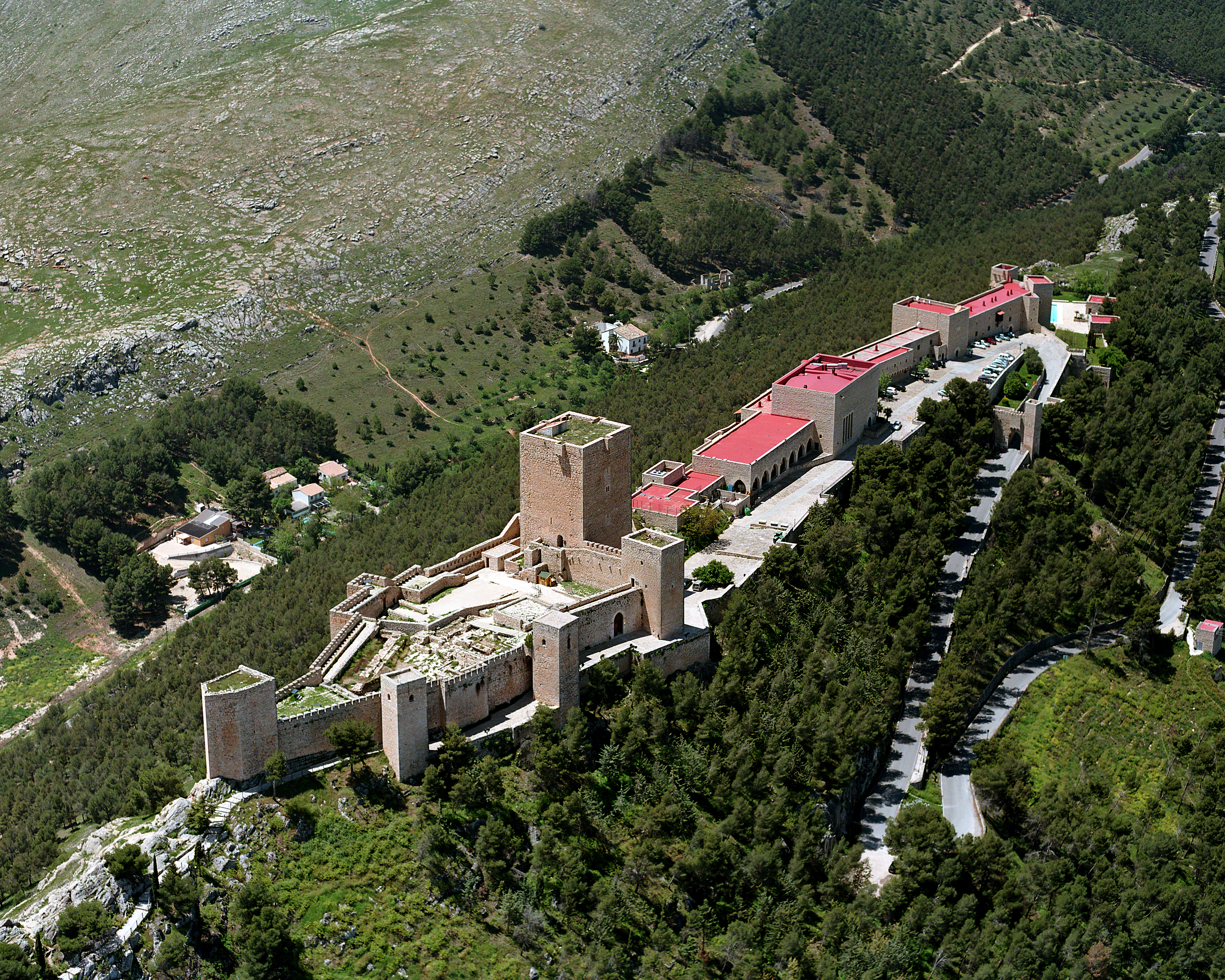 view of Parador de Jaen from above showing keep and castle walls