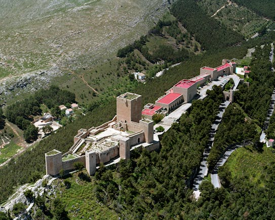 view of Parador de Jaen from above showing keep and castle walls