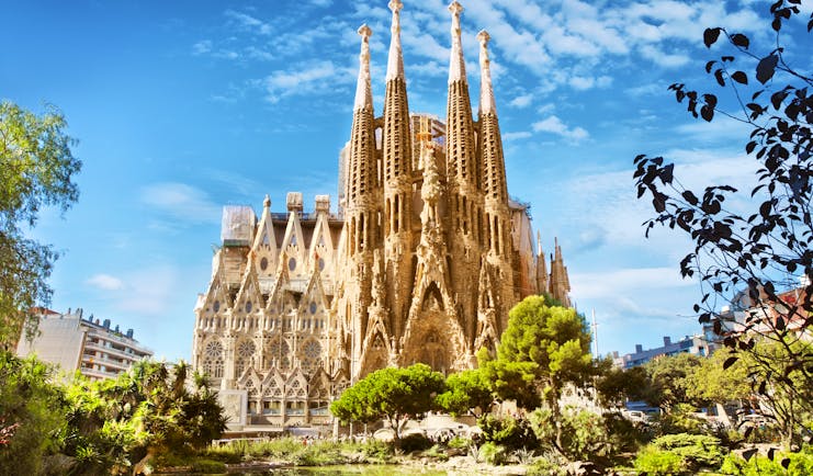 Gaudi's gothic fantasy cathedral with ornately carved spires of La Sagrada Familia in Barcelona