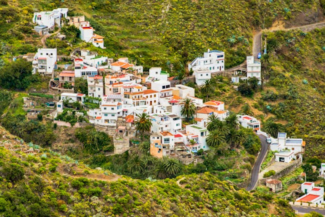 White houses clustered on hillside with palm trees and aloe vera spiky plants in Tenerife