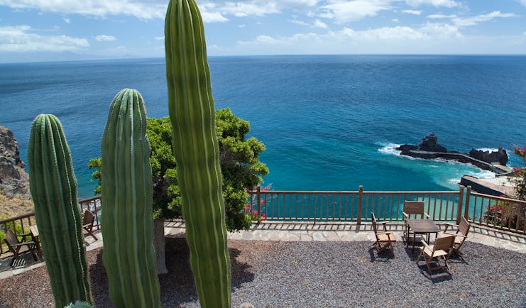 View of the sea with rocks in and cactus in front