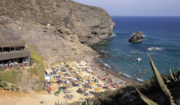 La Manga Club Resort Eastern Spain beach loungers umbrellas sea beach bar