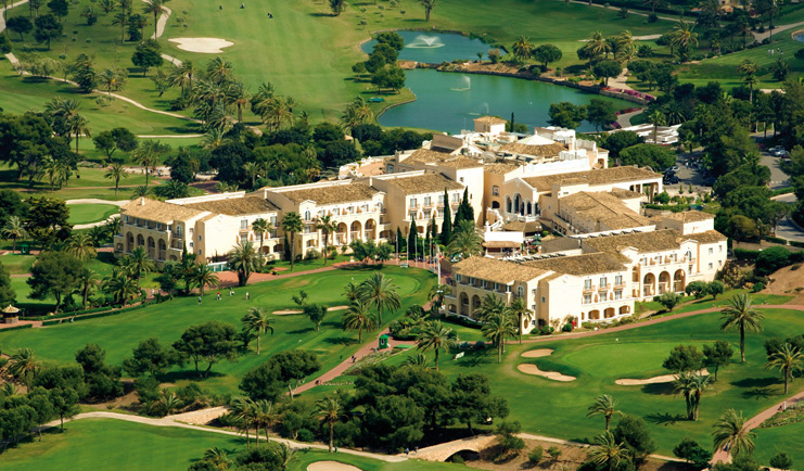 La Manga Club Resort Eastern Spain Principe Felipe aerial view of white hotel complex and golf course