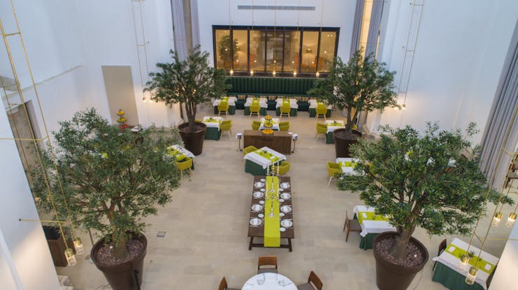 Parador de Lleida restaurant, dining tables, chairs, indoor trees, elegant decor