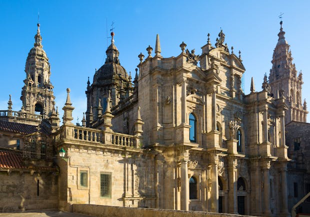 Numerous spires and carvingsd of the roof of the cathedral in Santiago de Compostela