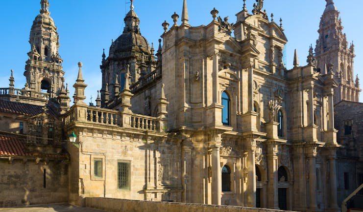 Numerous spires and carvingsd of the roof of the cathedral in Santiago de Compostela