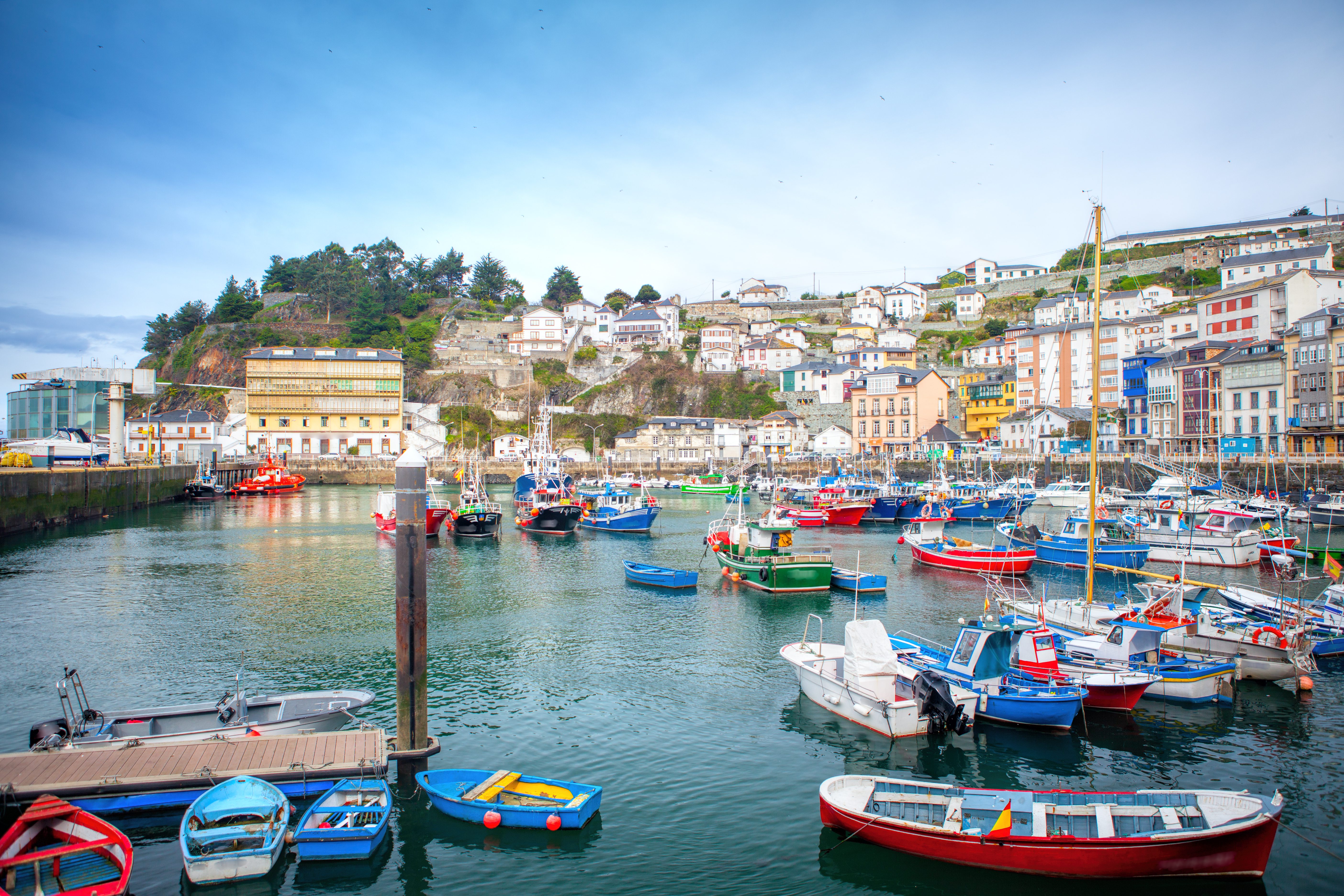 Many green, blue and red fishing boats and rowing boats in enclosed harbour with houses behind at Luarca