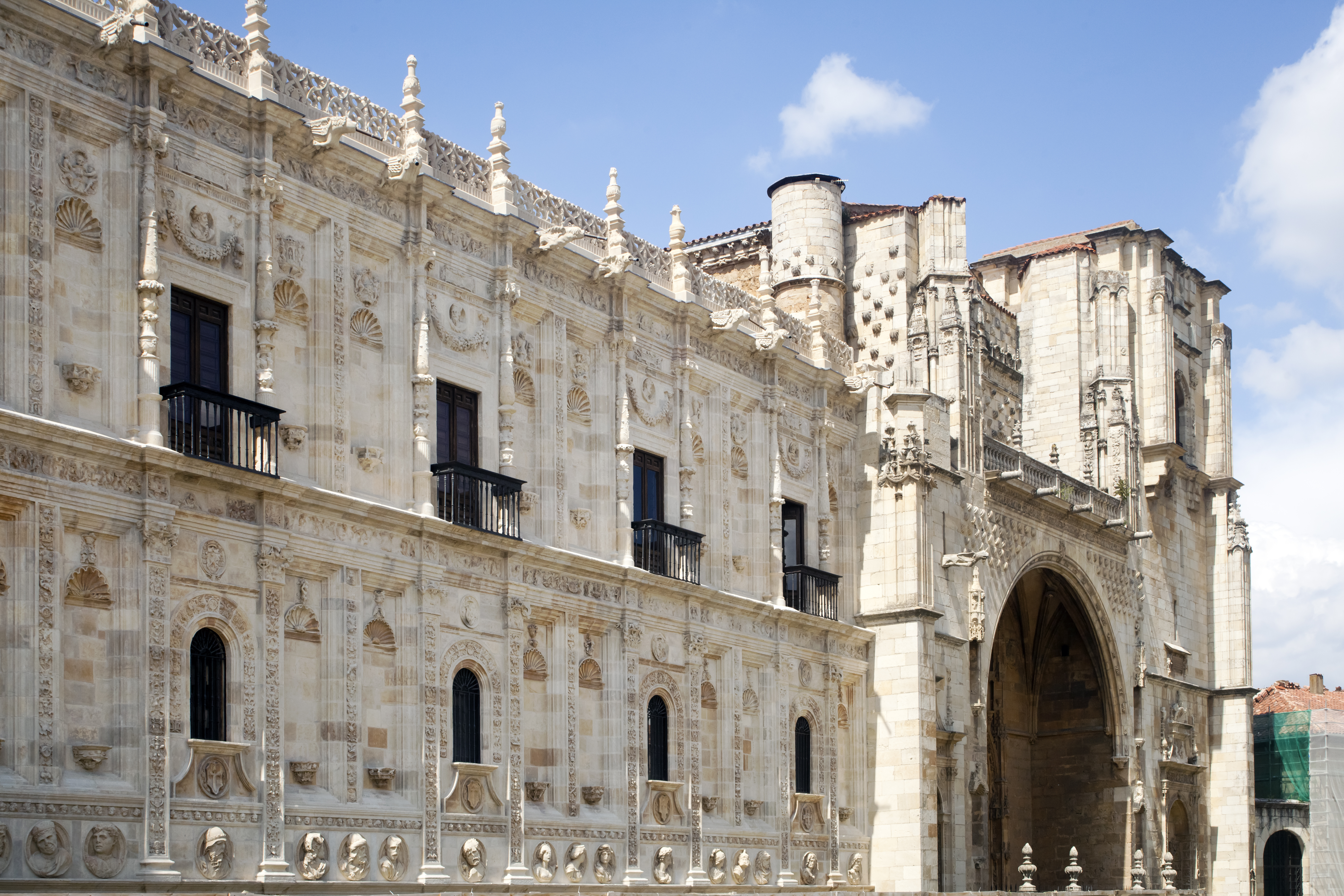 Ornate stone work on exterior of church in Leon showing the scallop shells of St James