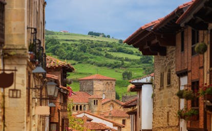 Golden stone houses of village scene in Santillana de Mar in Cantabria