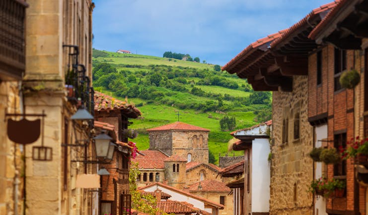 Golden stone houses of village scene in Santillana de Mar in Cantabria