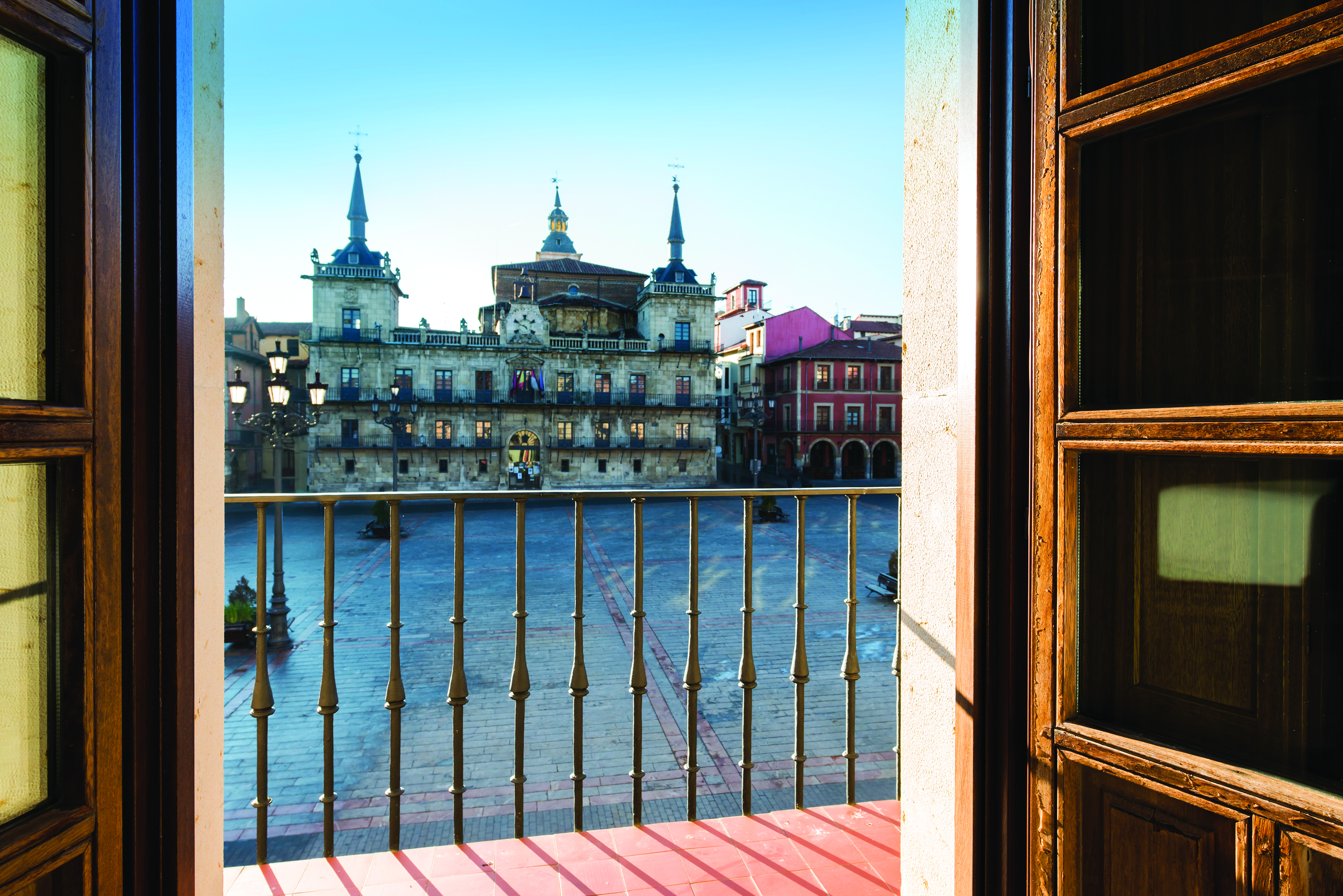 NH Collection Leon Plaza Mayor Green Spain view across square historic building