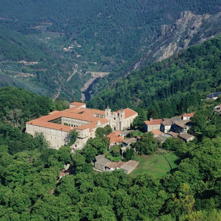 Parador de Santo Estevo Green Spain aerial shot of hotel in the mountains