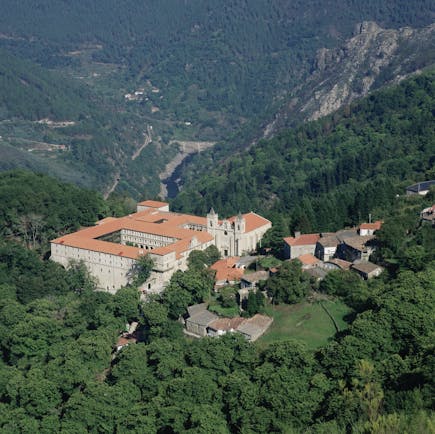 Parador de Santo Estevo Green Spain aerial shot of hotel in the mountains