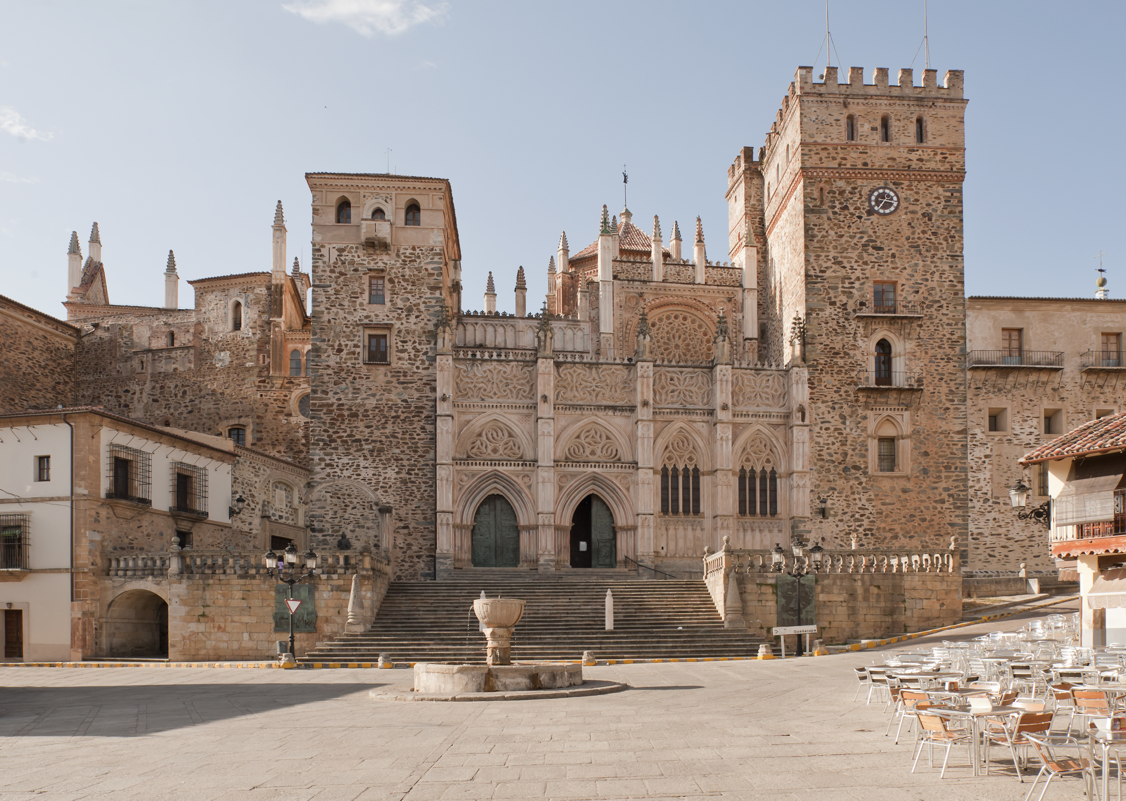 Pink stone walls of the ancient monastery of Guadalupe in Caceres