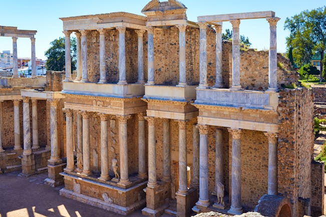 Facade of Roman theatre partly ruined in Merida