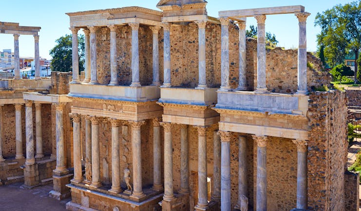 Facade of Roman theatre partly ruined in Merida