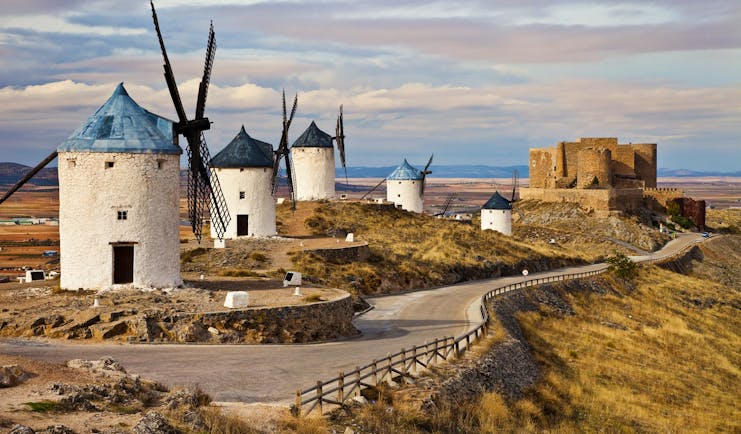 Traditional white windmills with conical roofs in arid landscape of La Mancha