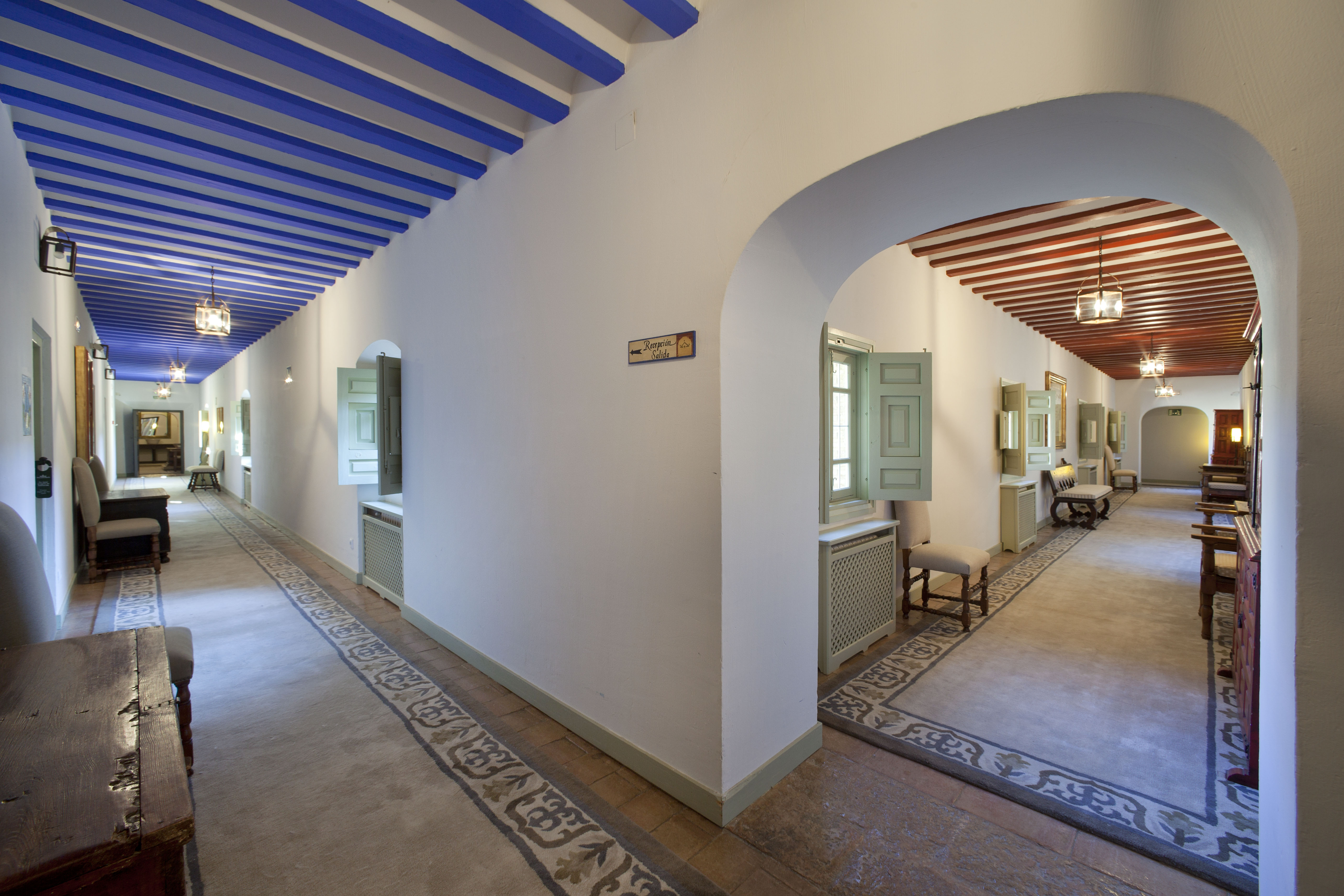 Parador de Almagro interior, hallway, traditional architecture in bright colours, marble floors