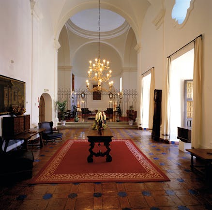Parador de Merida Heart of Spain lobby chandelier tiled floors traditional décor