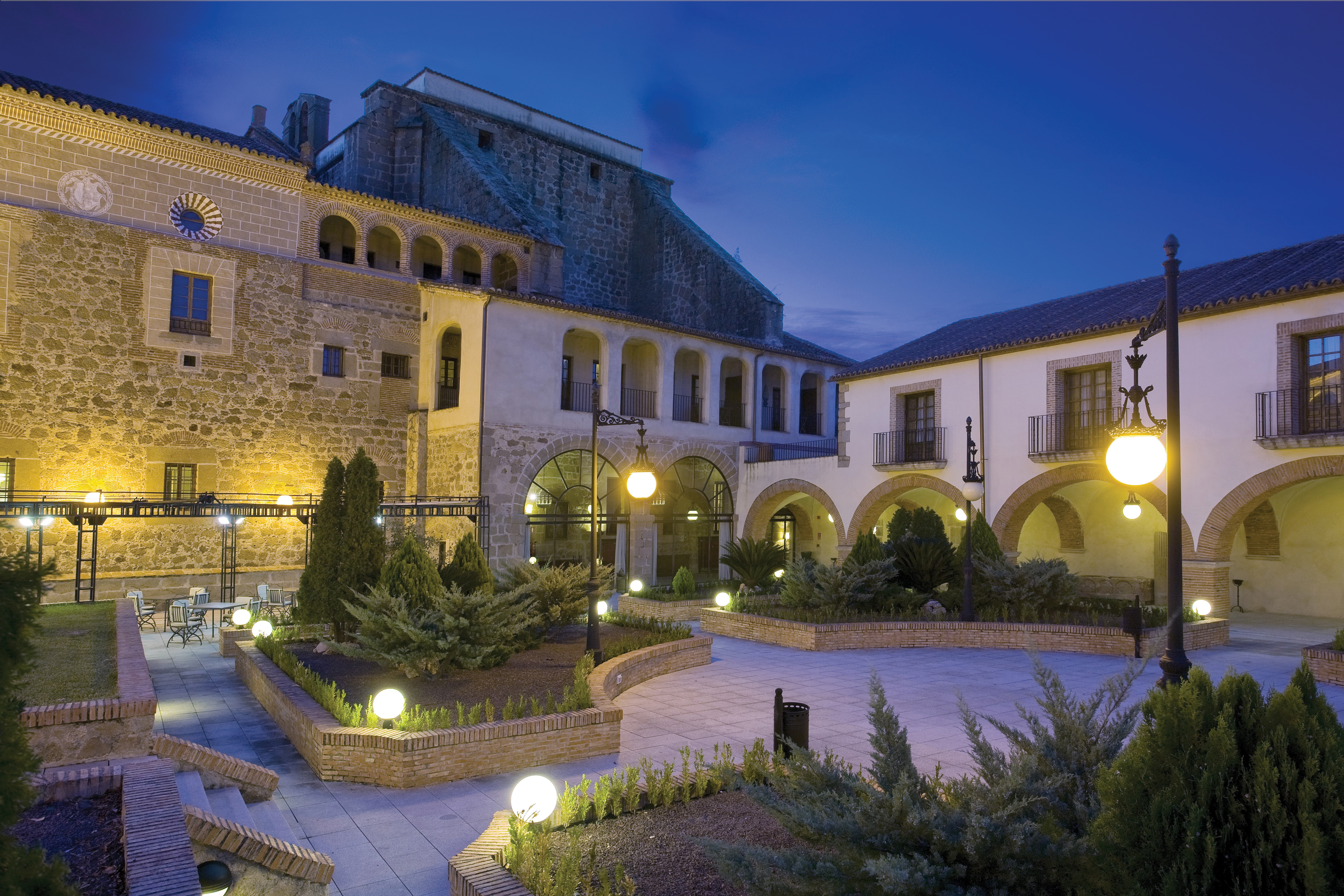 Exterior at night the lamps lighting the hotel up