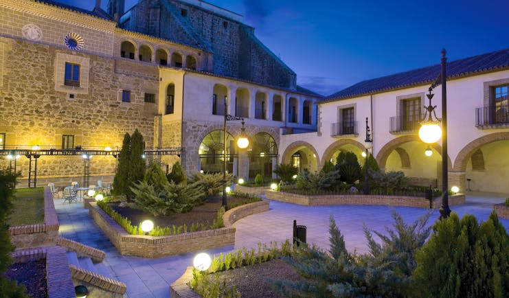 Exterior at night the lamps lighting the hotel up