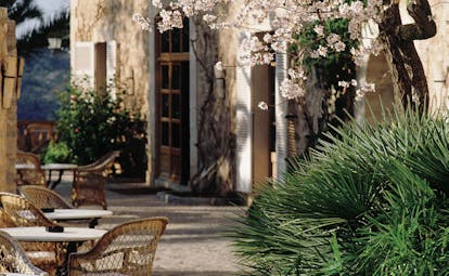 Belmond la Residencia Mallorca terrace outdoor seating area with trees and flowers
