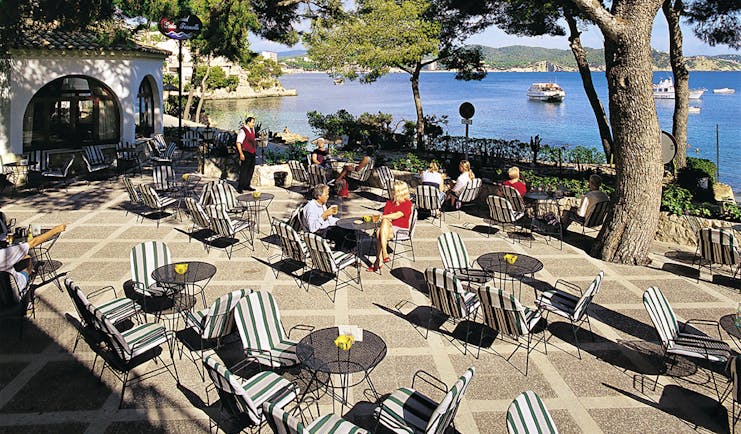 Cala Fornells Mallorca terrace outdoor seating dining area overlooking the sea