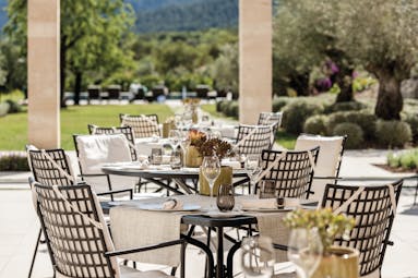 Castell Son Claret Mallorca outdoor dining area 