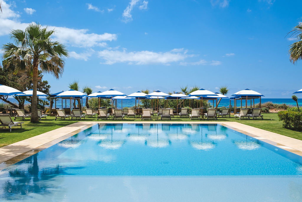 Gecko Beach House pool surrounded by parasols, greenery, and palm trees