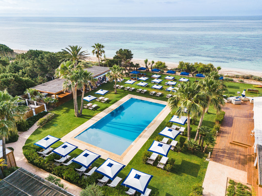 Gecko Beach House poolside seen from above, with parasols, grass, palm trees, and the beach and sea beyond