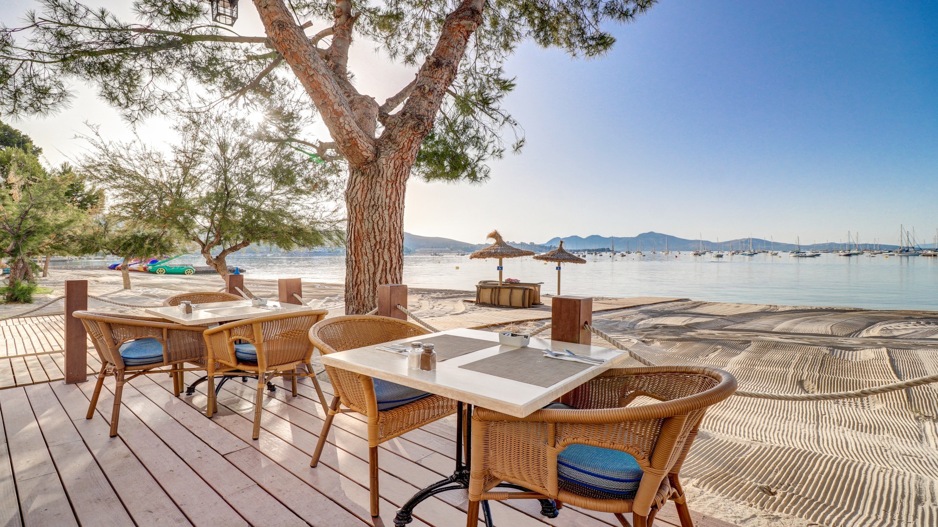 Hotel Hoposa Bahia beachfront dining on a wooden deck with Aleppo pines overhead and the sand and sea just steps from the table