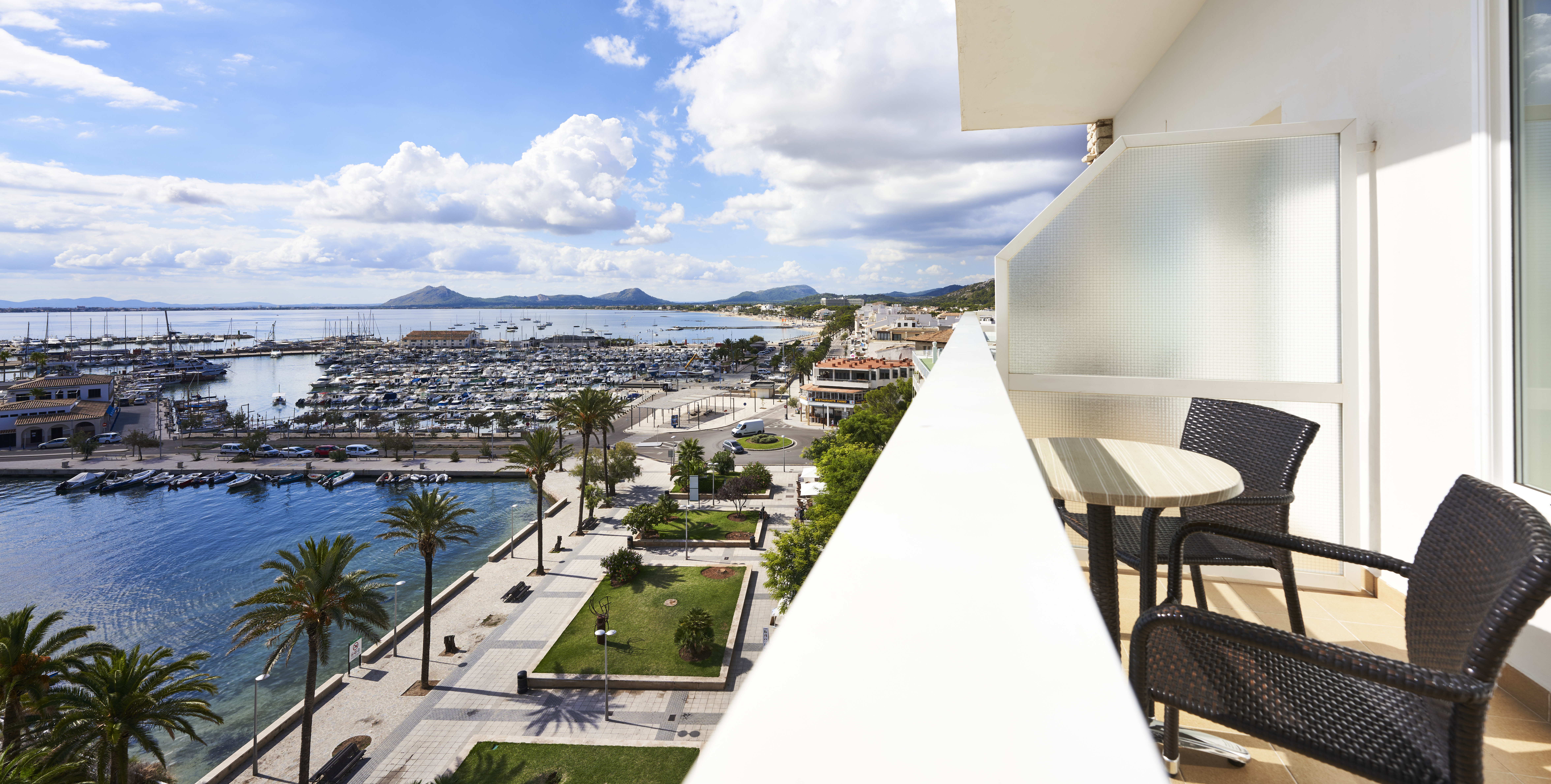 Hotel Hoposa Daina Sea View Room with small balcony looking out over the blue waters of the marina