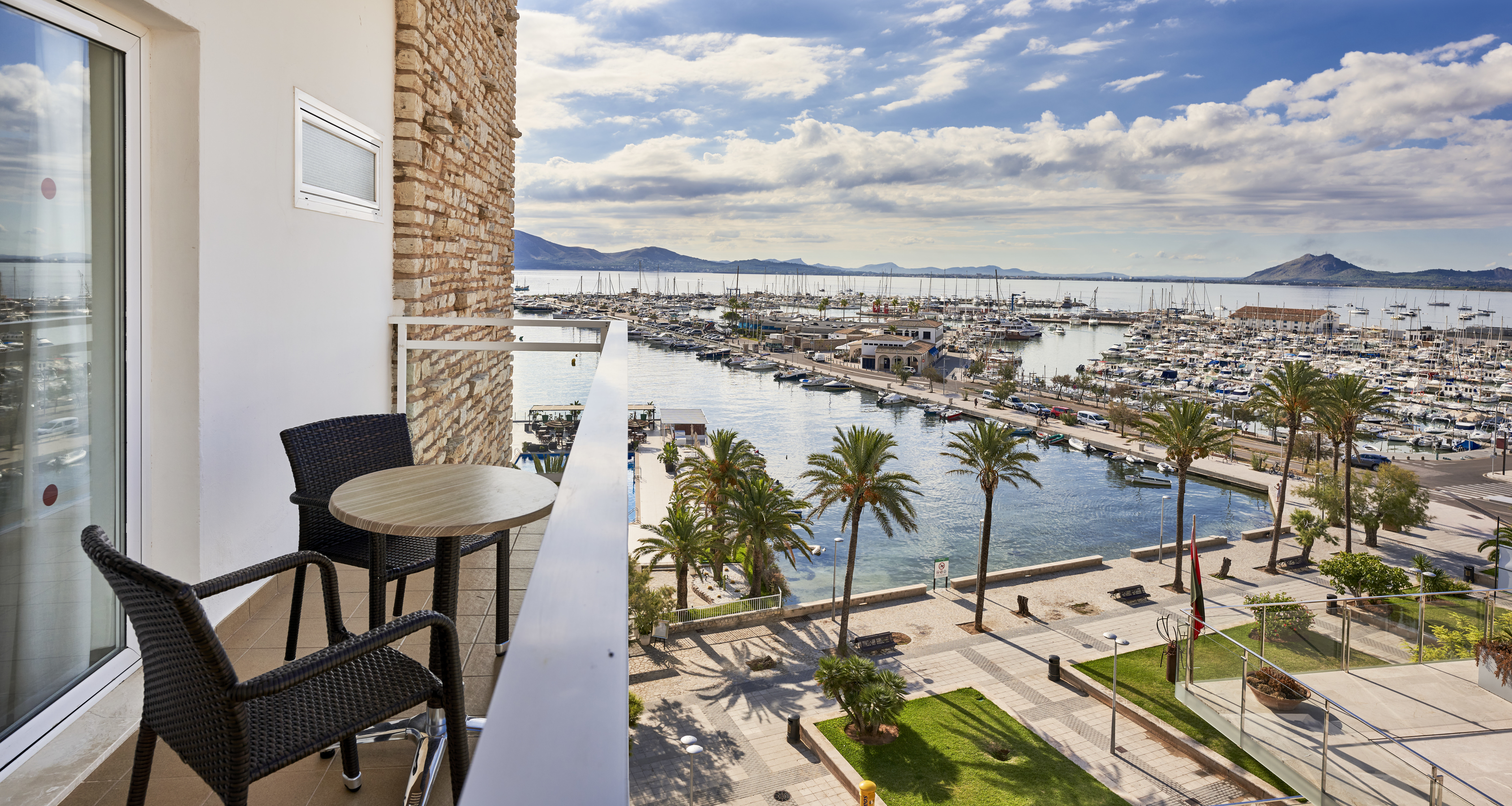 Hotel Hoposa Daina side sea view room, looking out from balcony over the marina