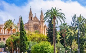 The spires and front of the Cathedral of Le Seu flanked by palm trees in Palma Mallorca