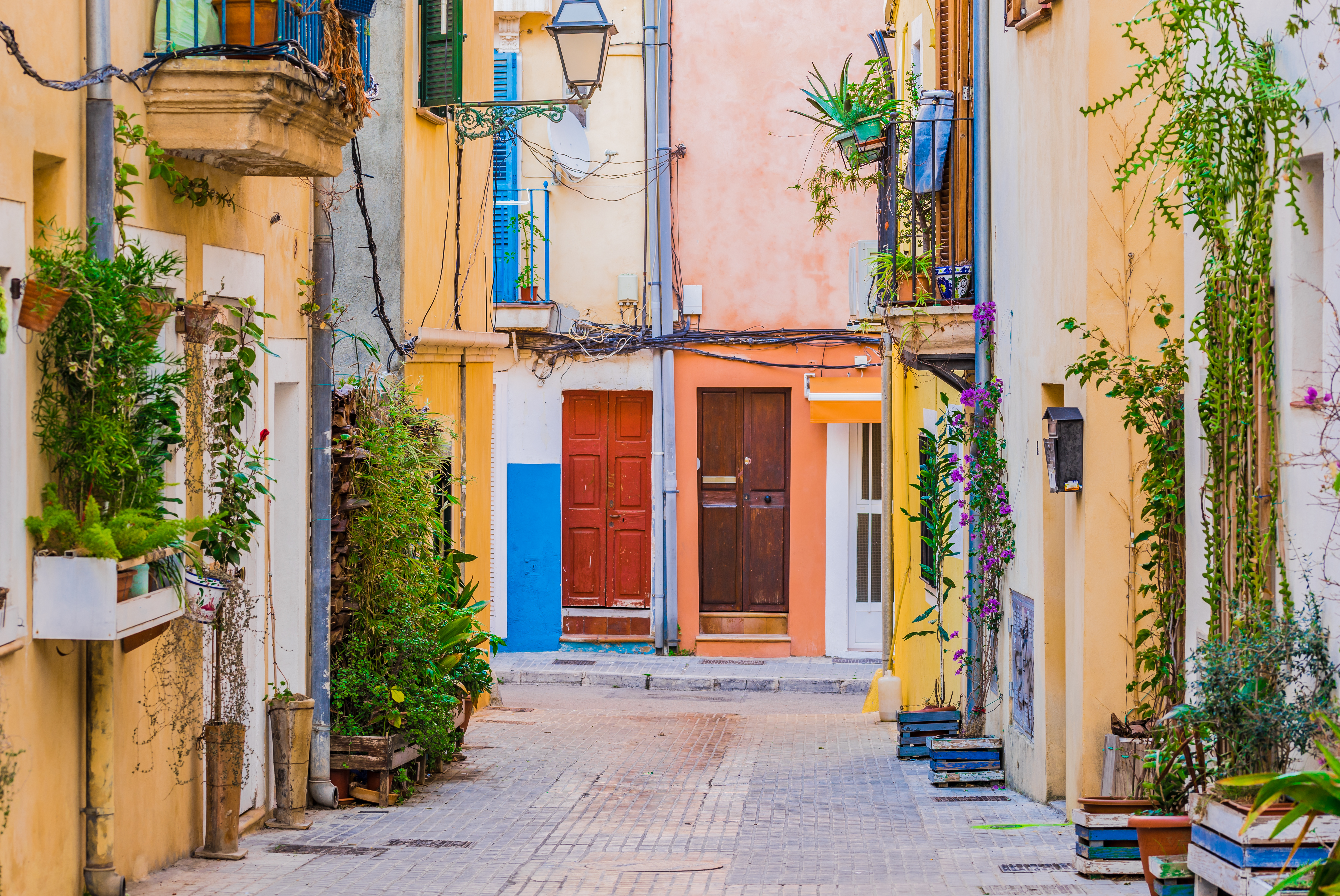 Colourful houses in alley with no cars and plants and balconies in Palma Mallorca