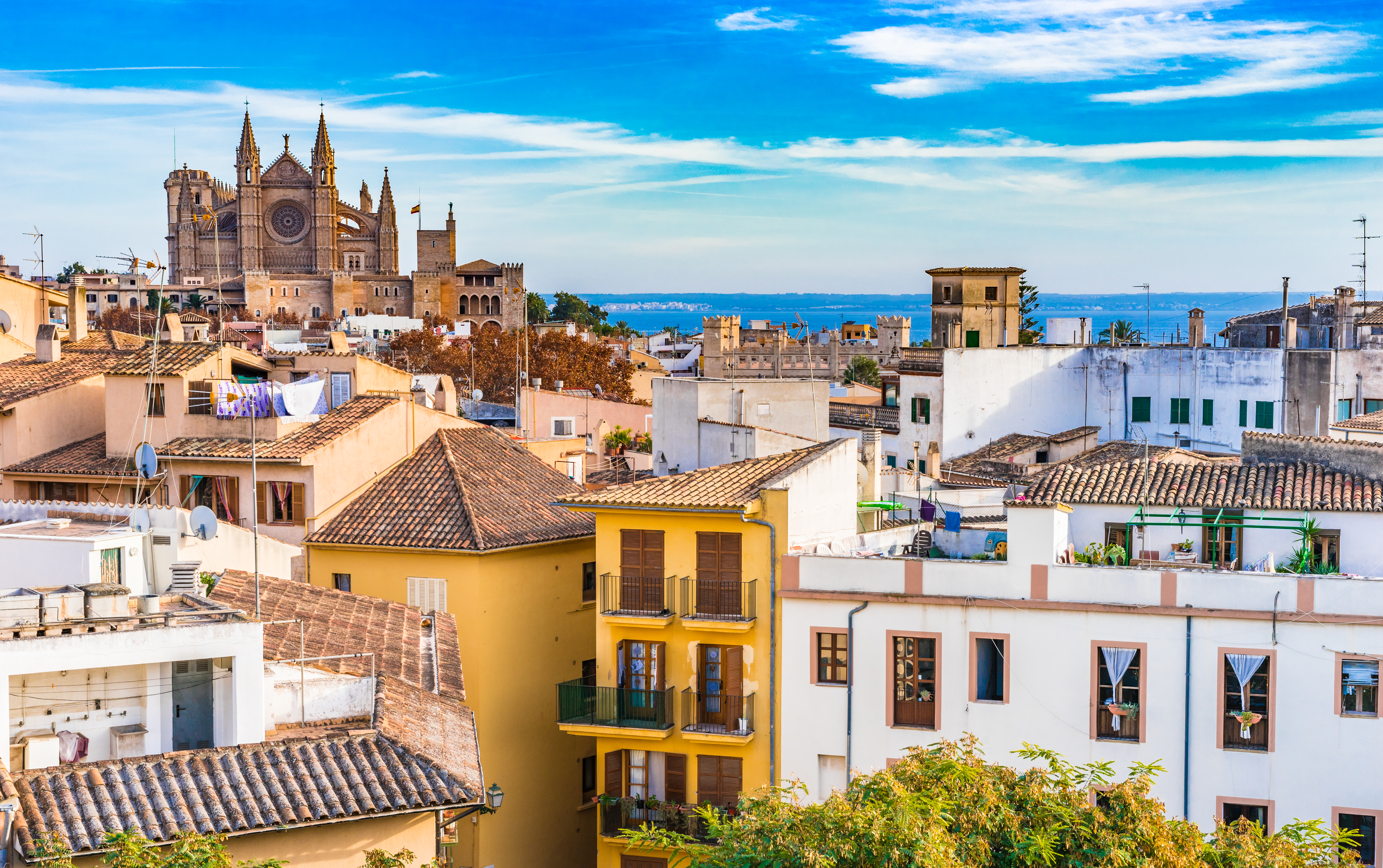 Narrow houses in shades of yellow, white and pink of the old town with rooftops and washing looking to the cathedral in Palma Mallorca
