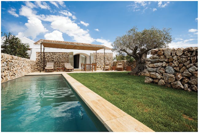 Torralbenc Menorca pool cottage private pool and garden terrace sun loungers lawn trees
