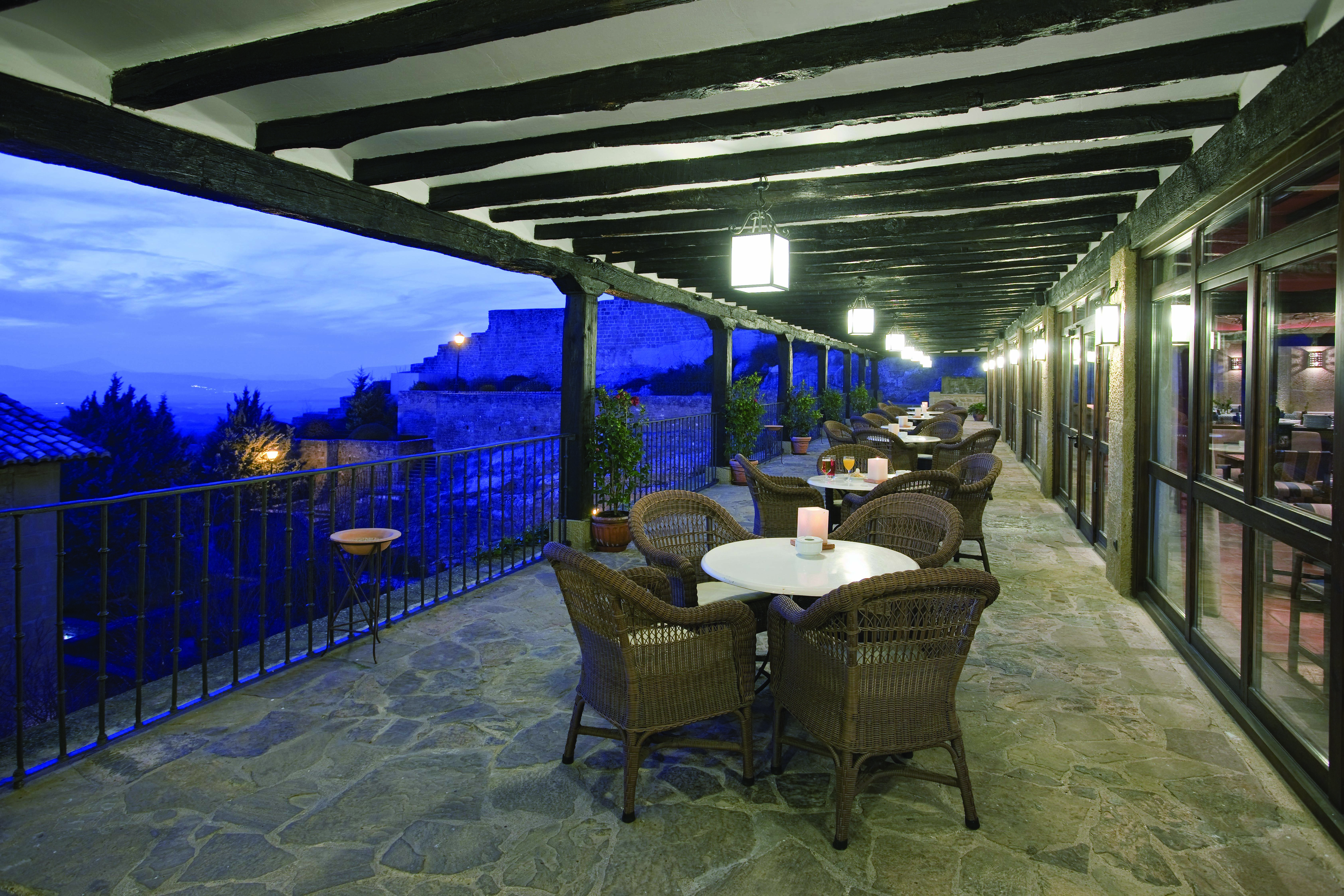 Parador de Sos del Rey Catalico Basque terrace at night outdoor seating area views over the town