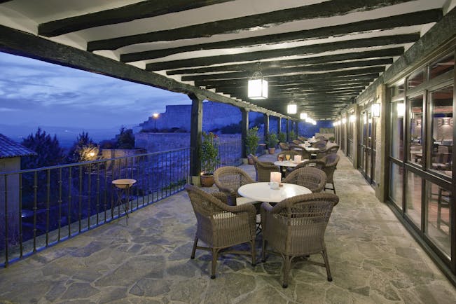 Parador de Sos del Rey Catalico Basque terrace at night outdoor seating area views over the town