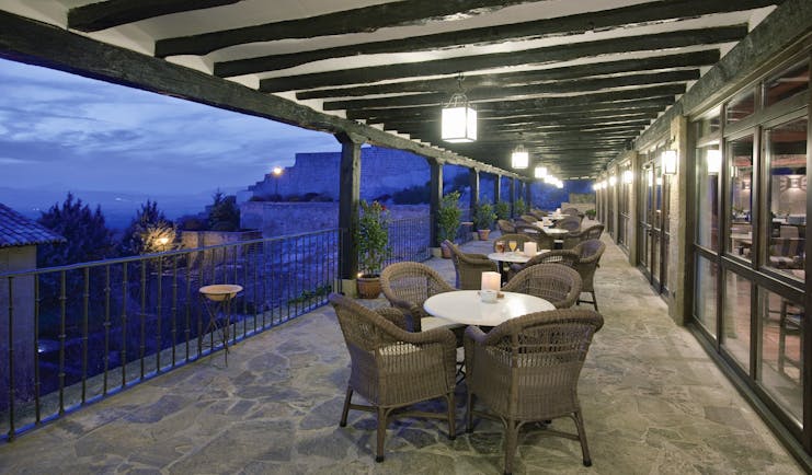 Parador de Sos del Rey Catalico Basque terrace at night outdoor seating area views over the town