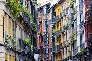 Multi-coloured tall and narrow houses in the casco viejo of Bilbao