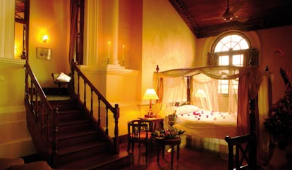 Mount Lavinia Hotel Sri Lanka Governor's wing duplex room staircase four poster bed rose petals