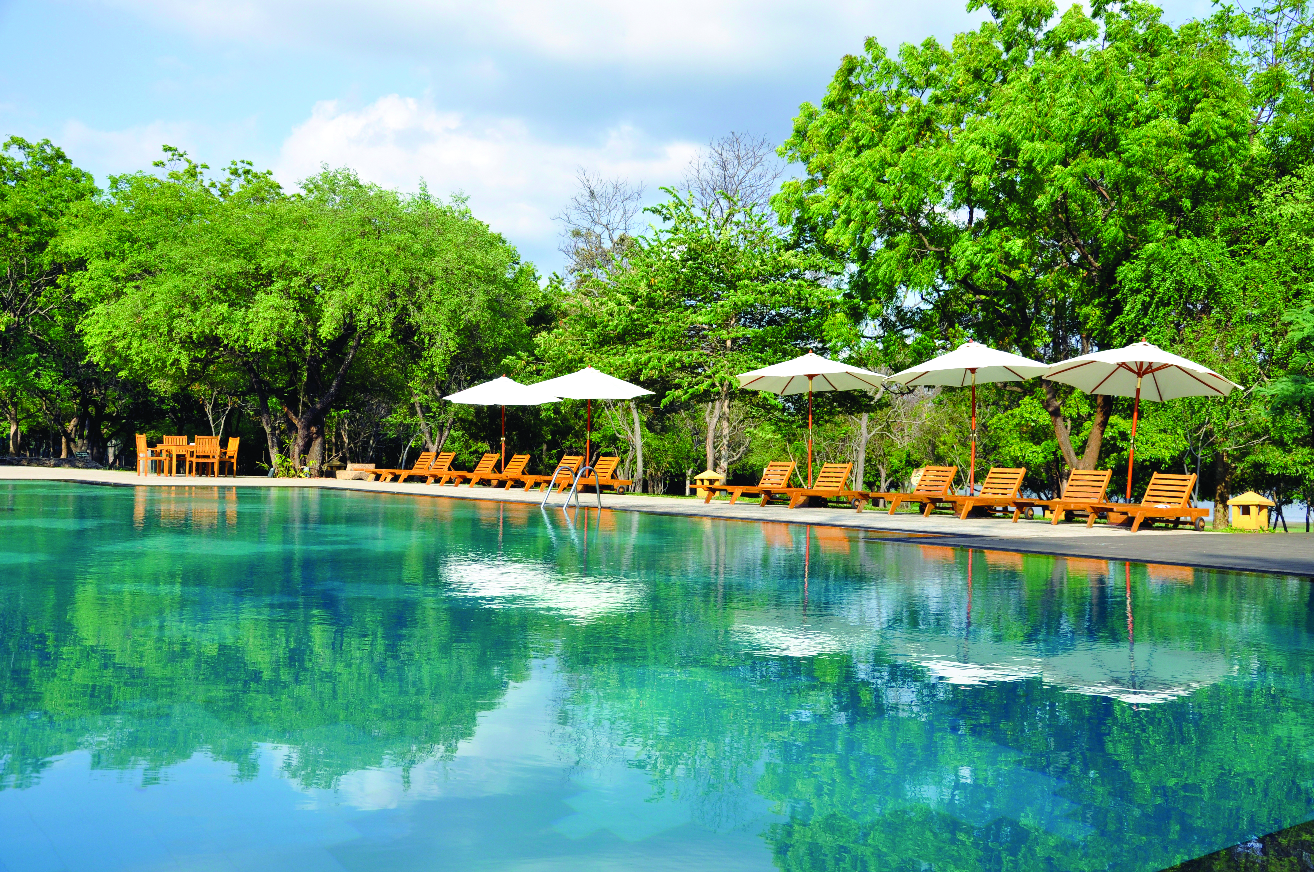 Amaya Lake Resort Sri Lanka pool sun loungers umbrellas