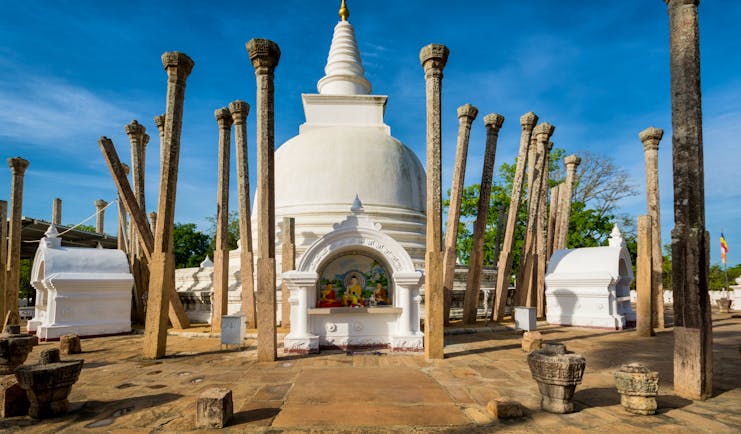 Thuparamaya temple, cultural triangle, ancient stone columns, white domed stupa, buddhist shrine