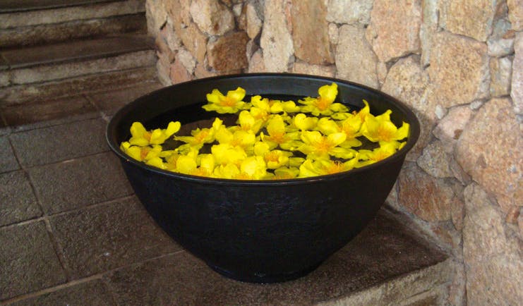 Deer Park Sri Lanka entrance flowers black bowl with floating yellow flowers